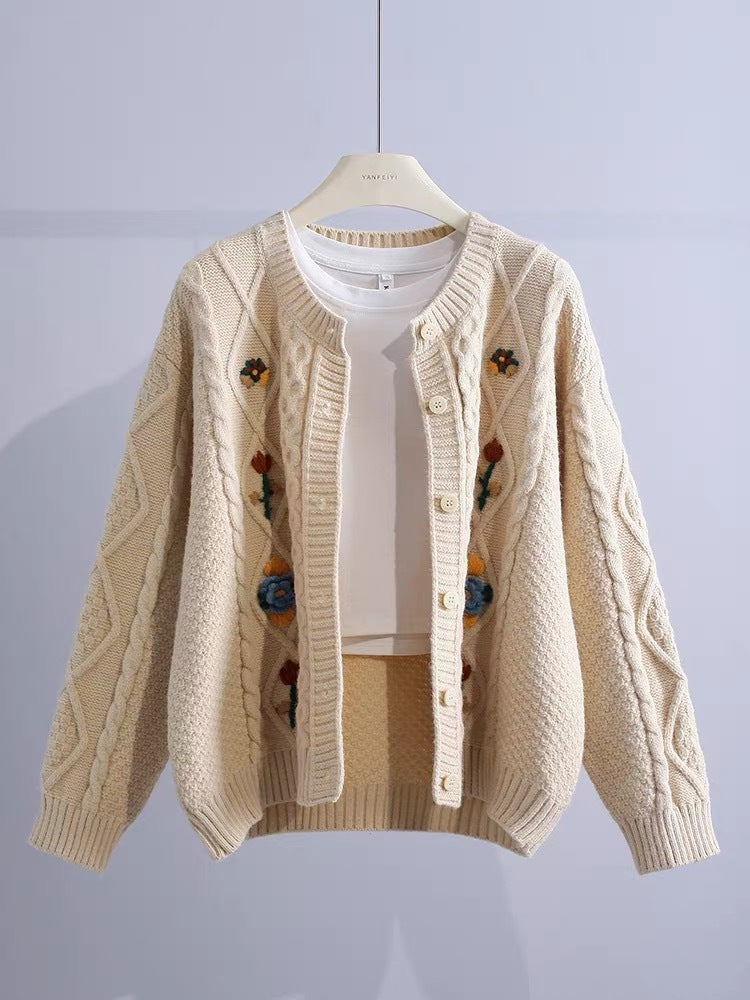 Retro Machine Embroidery Cable-knit Sweater Outerwear Shirt