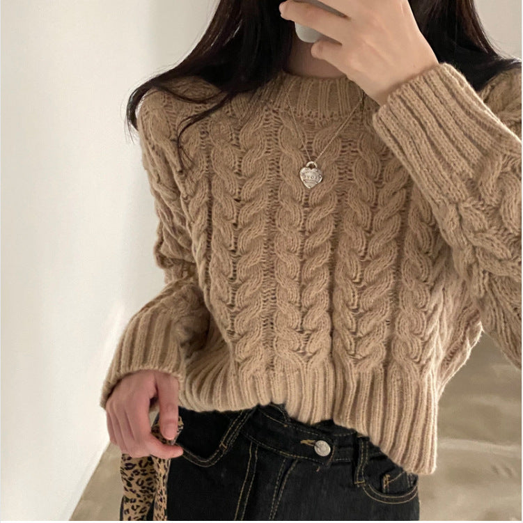 Retro Hemp Pattern O-neck Short Base Pullover Long-sleeved Sweater