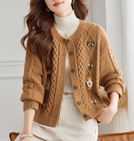 Retro Machine Embroidery Cable-knit Sweater Outerwear Shirt