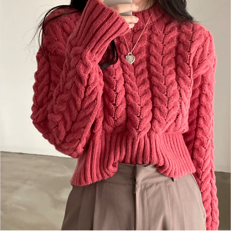 Retro Hemp Pattern O-neck Short Base Pullover Long-sleeved Sweater