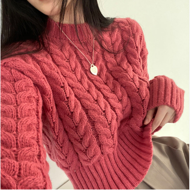 Retro Hemp Pattern O-neck Short Base Pullover Long-sleeved Sweater