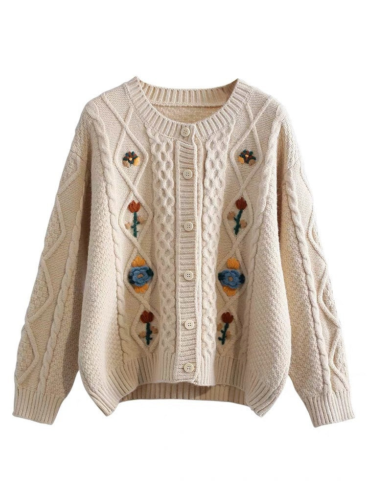 Retro Machine Embroidery Cable-knit Sweater Outerwear Shirt