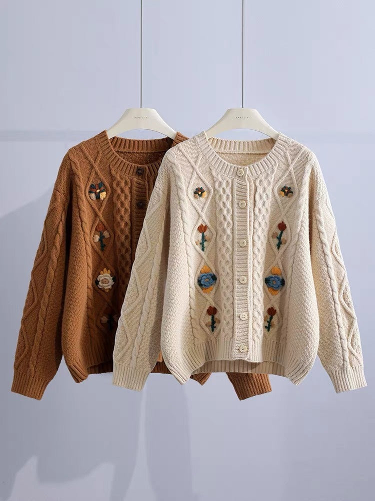 Retro Machine Embroidery Cable-knit Sweater Outerwear Shirt