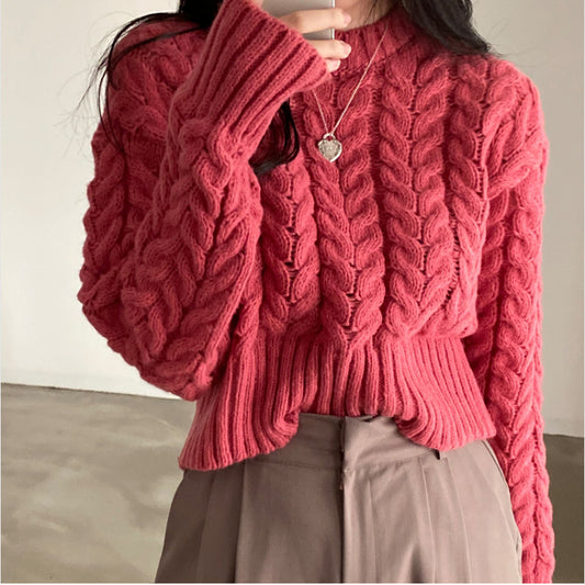 Retro Hemp Pattern O-neck Short Base Pullover Long-sleeved Sweater